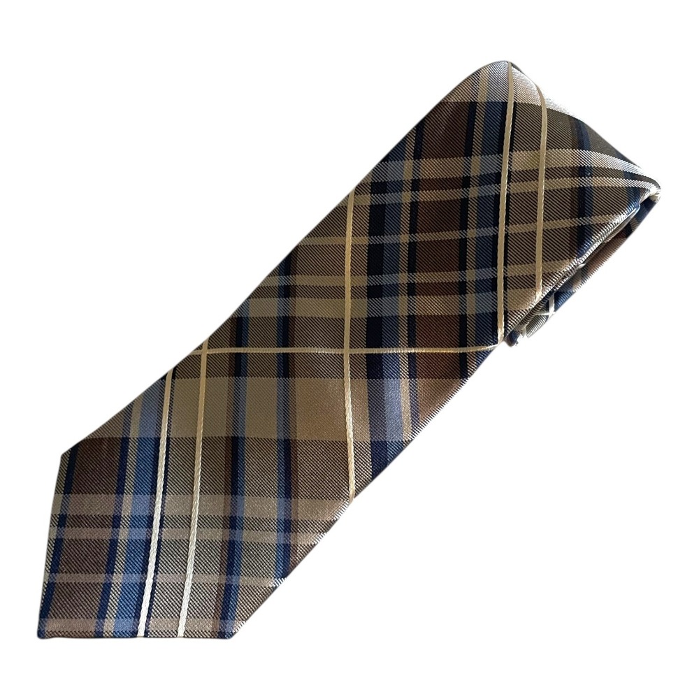 Jhane Barnes Silk Tie Brown Blue Plaid Slim Skinny Men's Necktie 3"‎ W